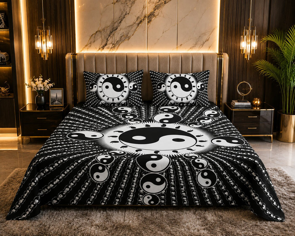 MVB Yin Yang Print Black Base Cotton Double Bedsheet – Spiritual, Stylish & Comfortable