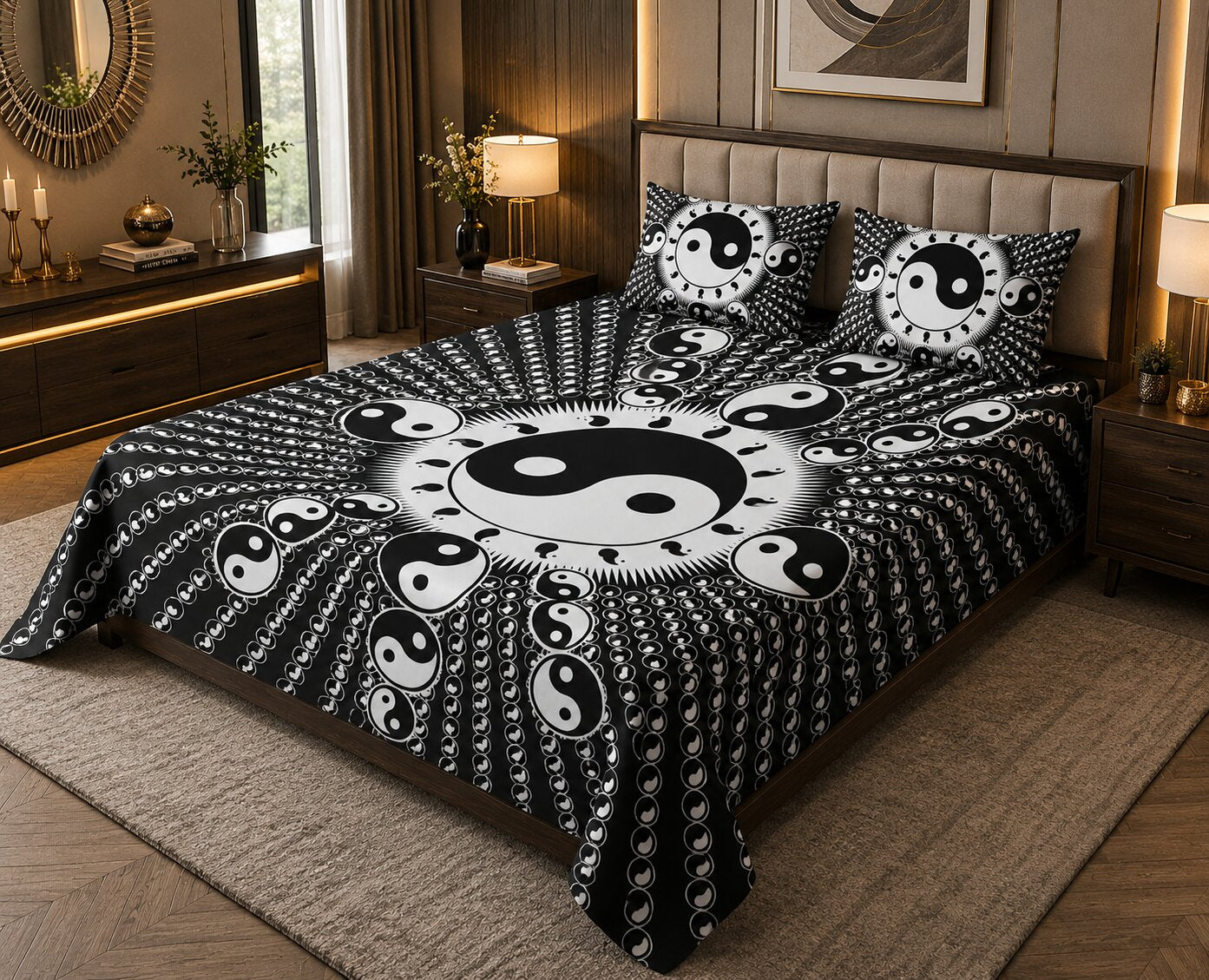 MVB Yin Yang Print Black Base Cotton Double Bedsheet – Spiritual, Stylish & Comfortable