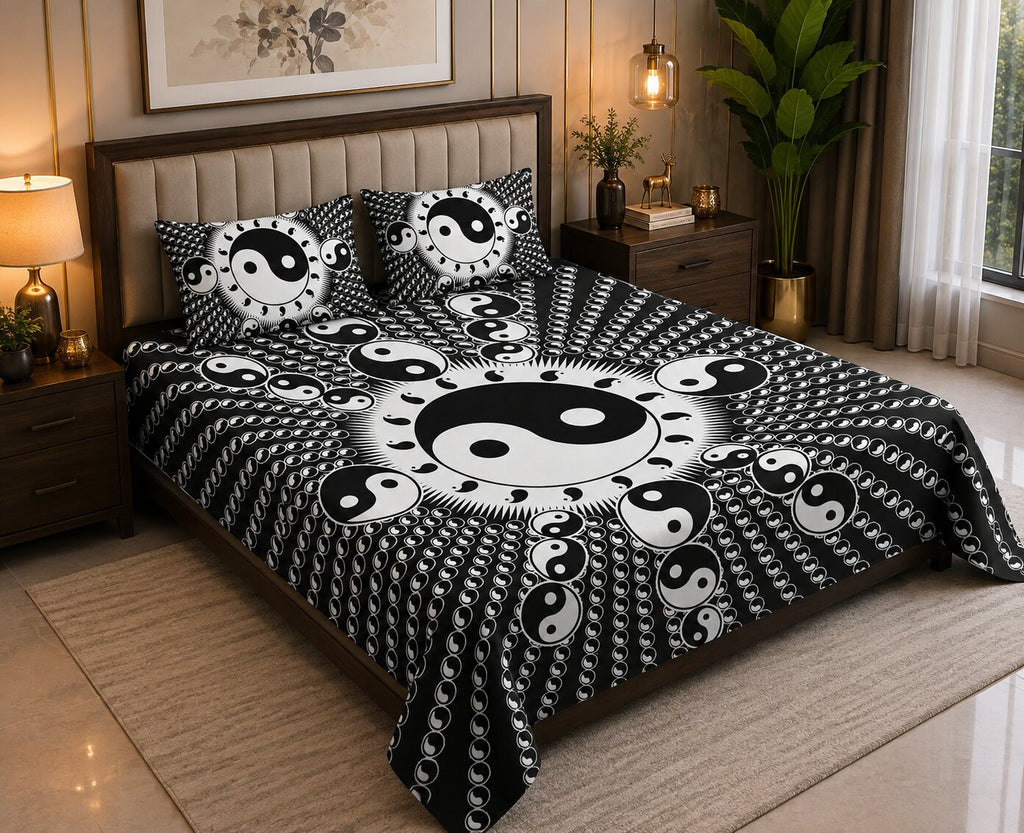 MVB Yin Yang Print Black Base Cotton Double Bedsheet – Spiritual, Stylish & Comfortable