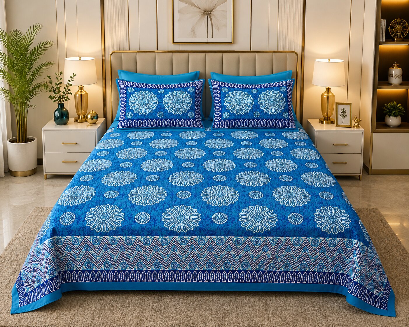 MVB Firozi Blue Base Mandala Print with Zig-Zag Border Cotton Double Bedsheet with matching pillow covers