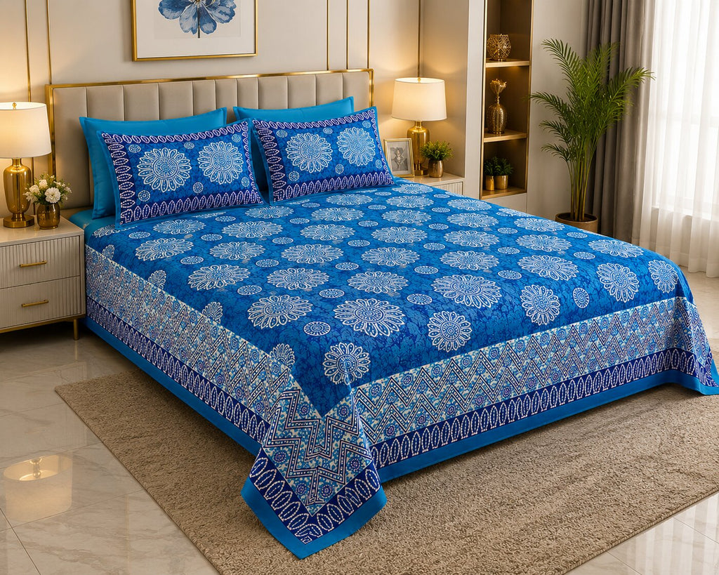 MVB Firozi Blue Base Mandala Print with Zig-Zag Border Cotton Double Bedsheet