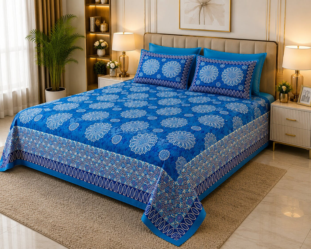 MVB Firozi Blue Base Mandala Print with Zig-Zag Border Cotton Double Bedsheet
