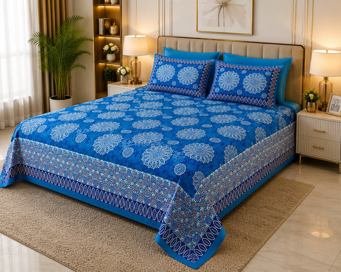 MVB Firozi Blue Base Mandala Print with Zig-Zag Border Cotton Double Bedsheet