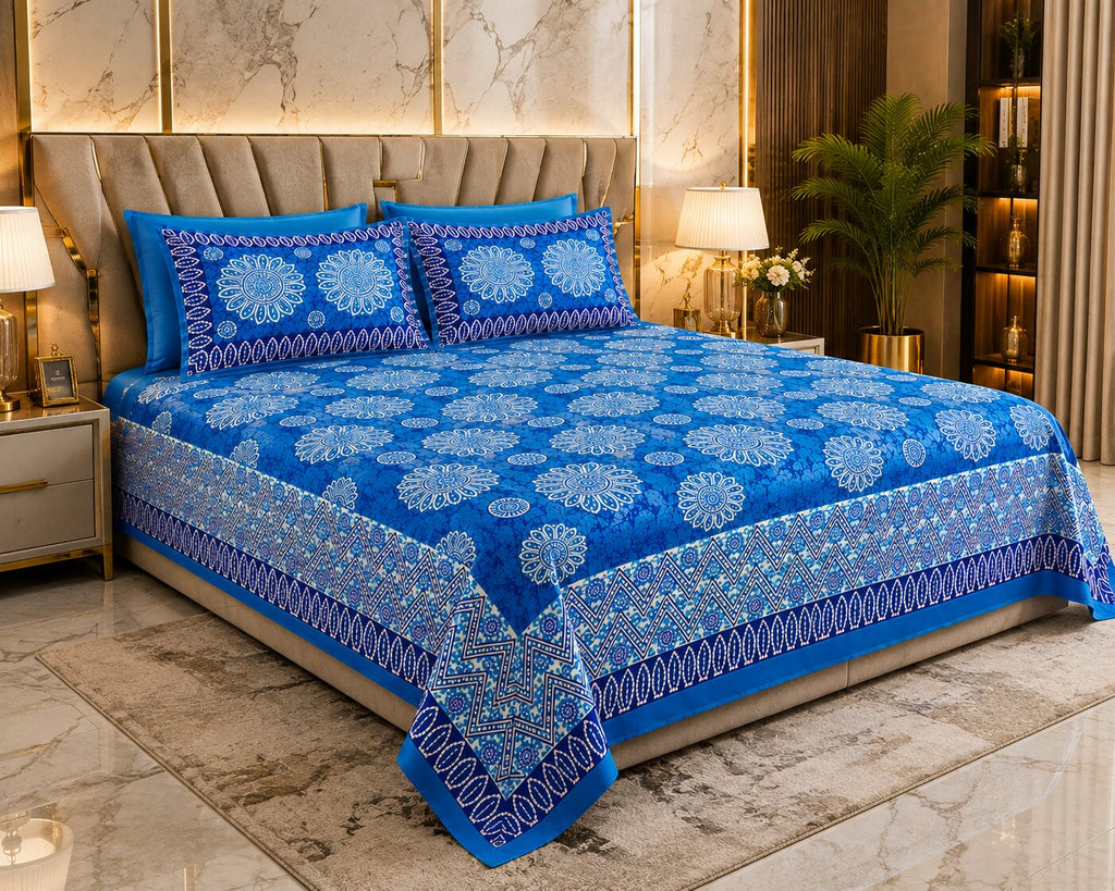MVB Firozi Blue Base Mandala Print with Zig-Zag Border Cotton Double Bedsheet