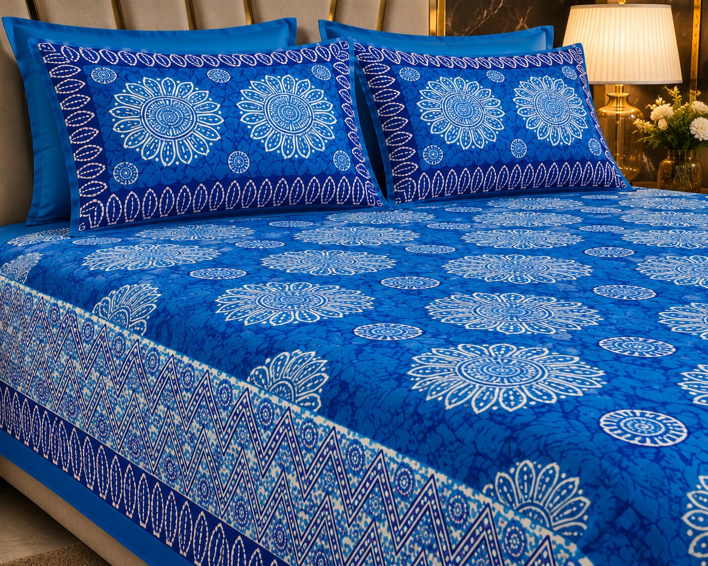MVB Firozi Blue Base Mandala Print with Zig-Zag Border Cotton Double Bedsheet