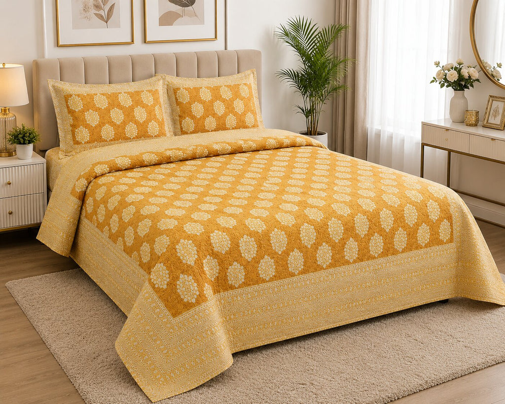 MVBBSD4244 Double Bedsheet – Mustard Traditional Badge Print | 100% Cotton | 120TC | With 2 Pillow Covers