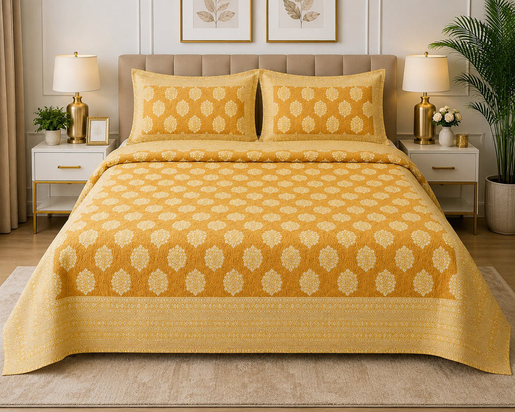 MVBBSD4244 Mustard Traditional Badge Double Bedsheet with 2 Pillow Covers