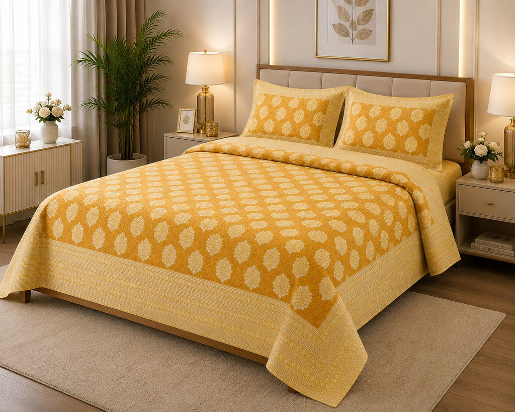 MVBBSD4244 Double Bedsheet – Mustard Traditional Badge Print | 100% Cotton | 120TC | With 2 Pillow Covers