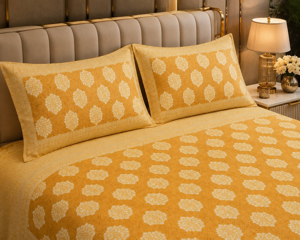 MVBBSD4244 Double Bedsheet – Mustard Traditional Badge Print | 100% Cotton | 120TC | With 2 Pillow Covers