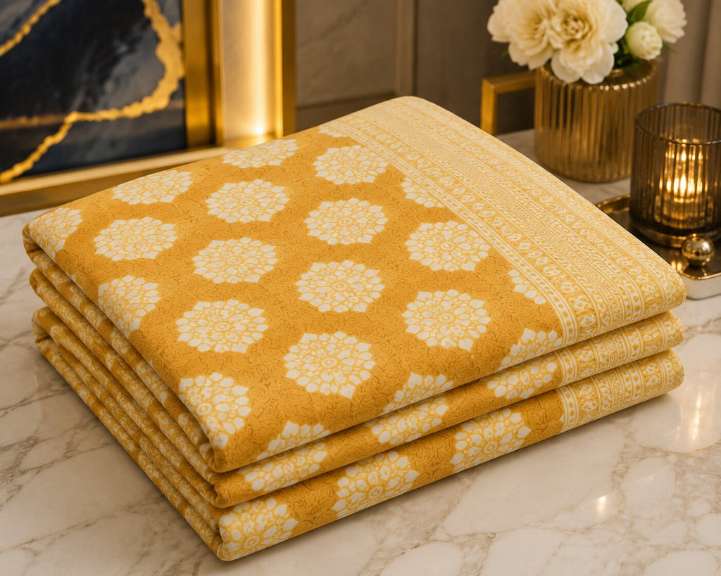 MVBBSD4244 Double Bedsheet – Mustard Traditional Badge Print | 100% Cotton | 120TC | With 2 Pillow Covers