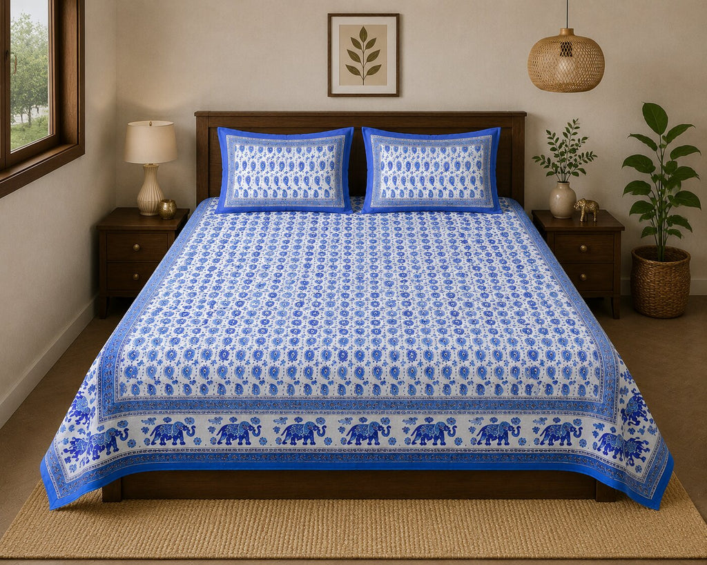 Double Bedsheet Paisley Sky Blue with Gold Print | 100% Pure Cotton | 180 TC | Set of 3 | MVB YUGVIGYANA