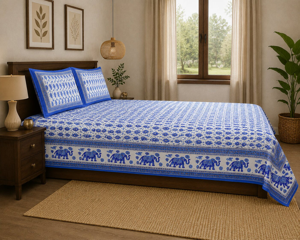 Double Bedsheet Paisley Sky Blue with Gold Print | 100% Pure Cotton | 180 TC | Set of 3 | MVB YUGVIGYANA