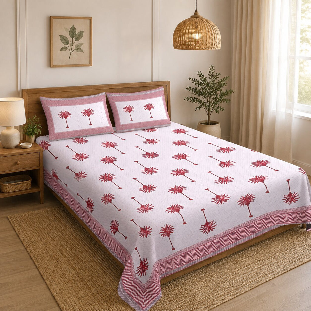Double Bedsheet Sweet Pink Palm Polka | 100% Fine Cotton | 240 TC | Set of 3 | MVB YUGVIGYANA