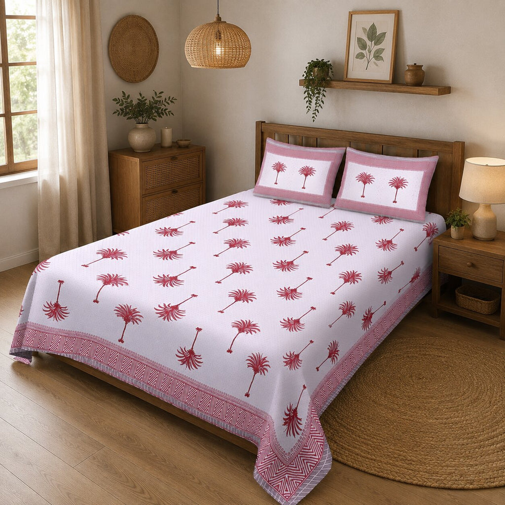 Double Bedsheet Sweet Pink Palm Polka | 100% Fine Cotton | 240 TC | Set of 3 | MVB YUGVIGYANA