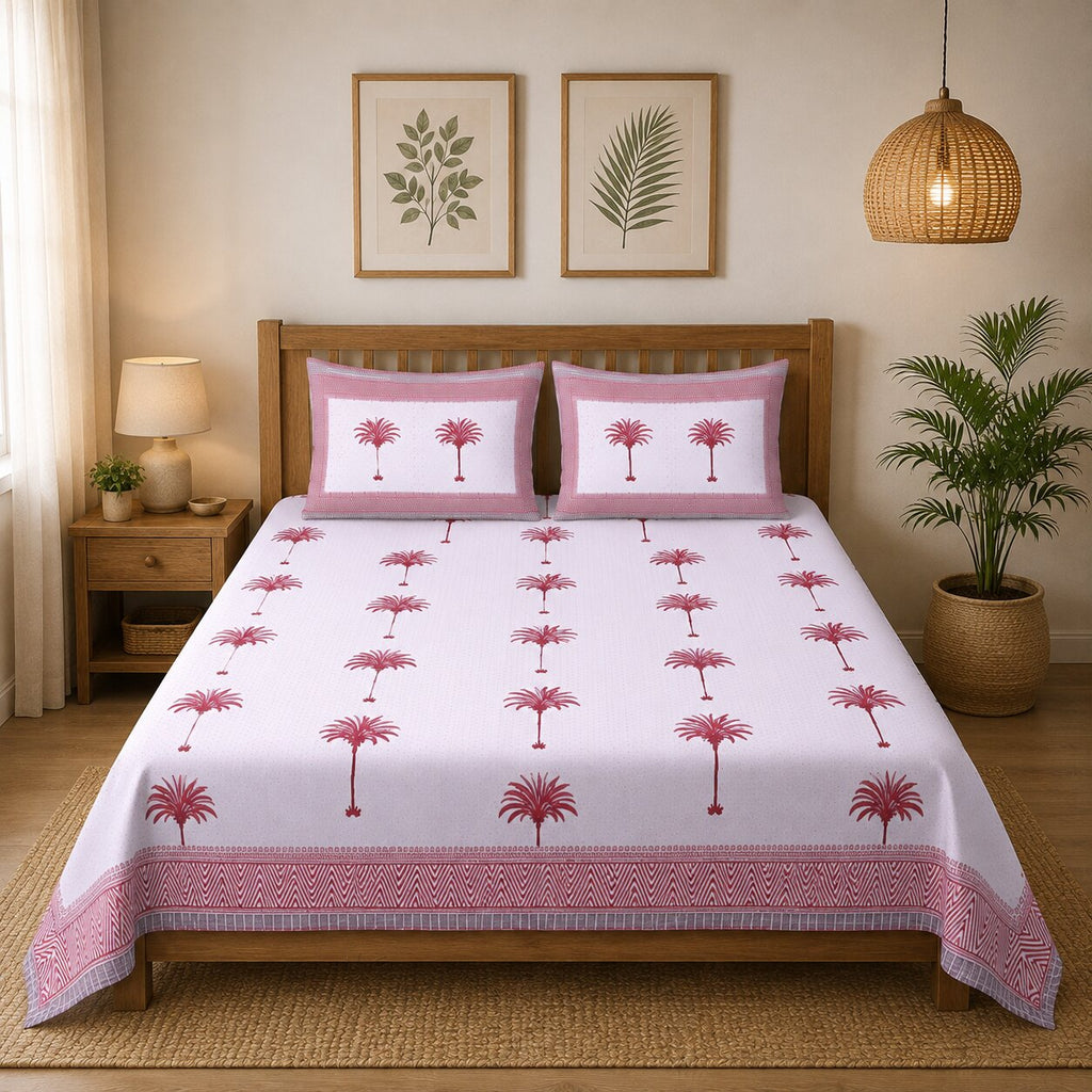 Double Bedsheet Sweet Pink Palm Polka Fine Cotton - MVB YUGVIGYANA