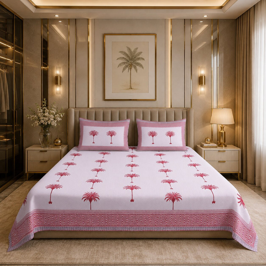 Double Bedsheet Sweet Pink Palm Polka | 100% Fine Cotton | 240 TC | Set of 3 | MVB YUGVIGYANA