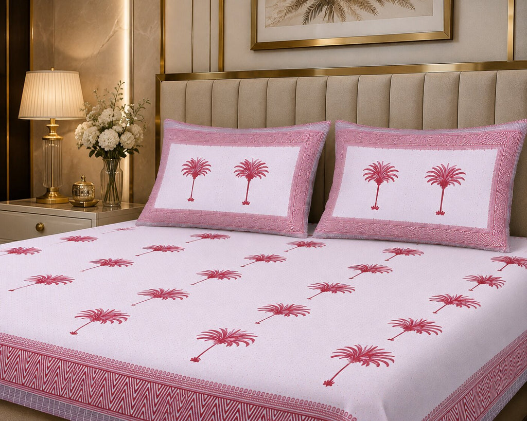 Double Bedsheet Sweet Pink Palm Polka | 100% Fine Cotton | 240 TC | Set of 3 | MVB YUGVIGYANA