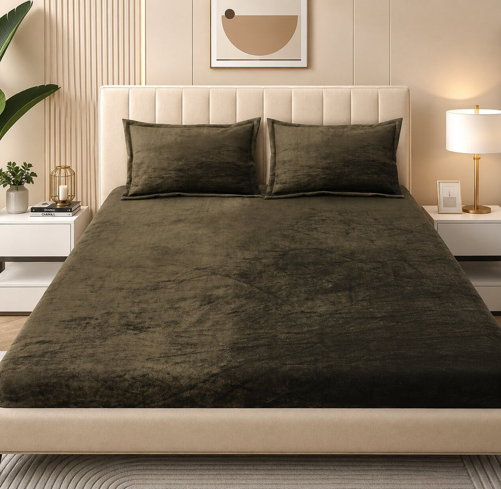 MVB Deep Olive Green Super Soft Velvet Double Bedsheet (100x100 Inch) | 150 GSM | With 2 Pillow Covers