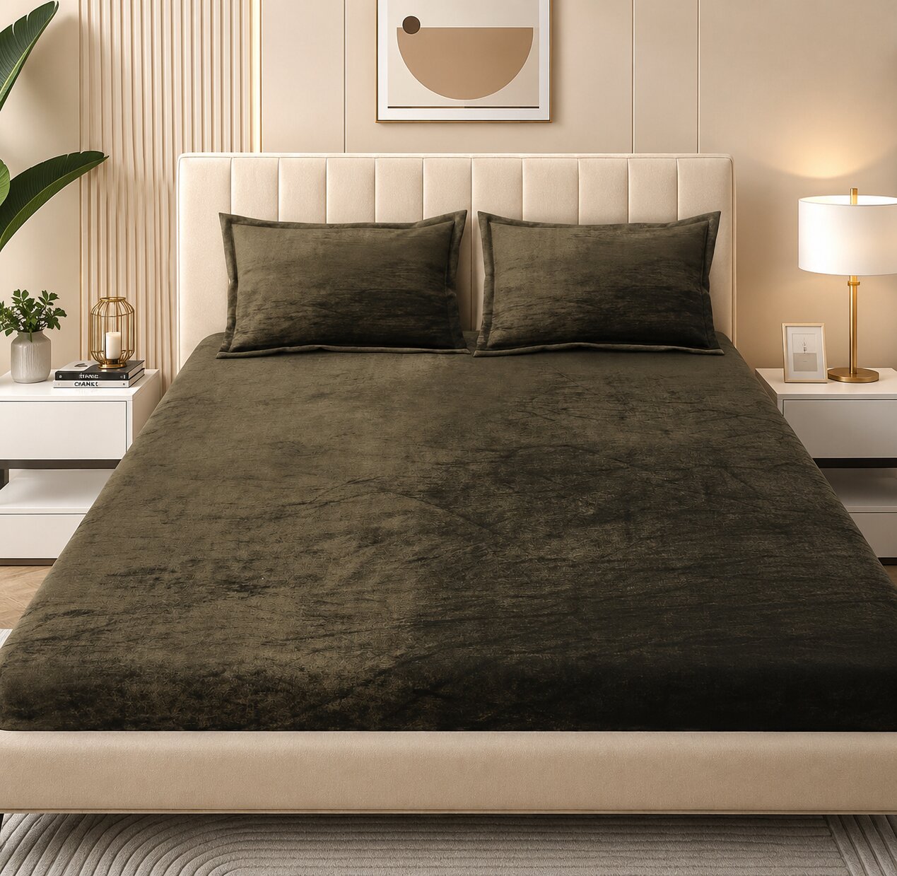 MVB Deep Olive Green Super Soft Velvet Double Bedsheet (100x100 Inch) | 150 GSM | With 2 Pillow Covers
