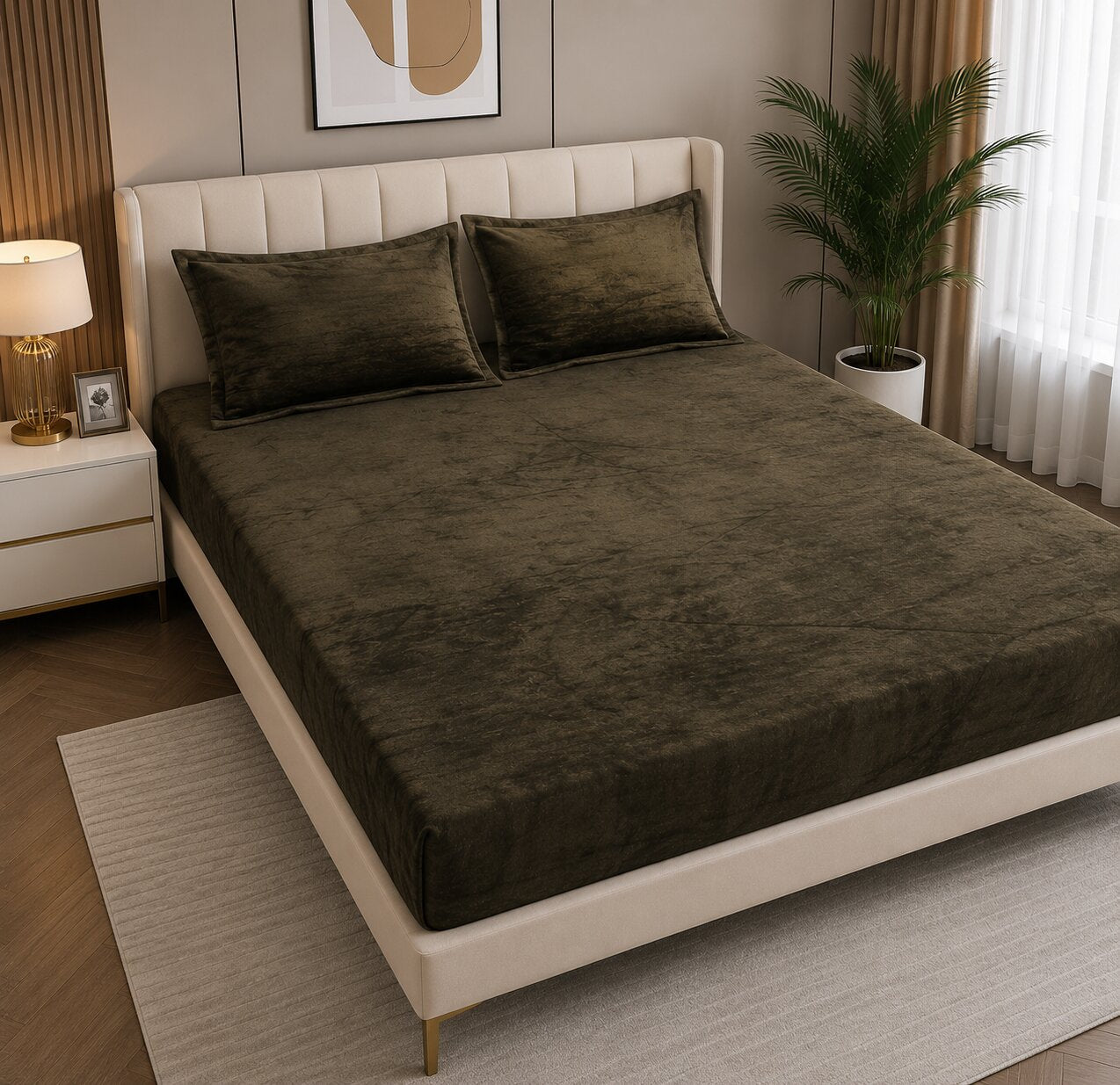MVB Deep Olive Green Super Soft Velvet Double Bedsheet (100x100 Inch) | 150 GSM | With 2 Pillow Covers