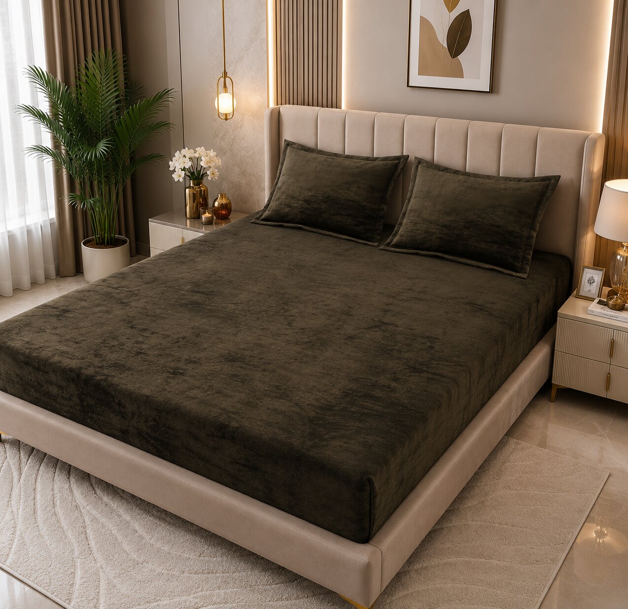 MVB Deep Olive Green Super Soft Velvet Double Bedsheet (100x100 Inch) | 150 GSM | With 2 Pillow Covers
