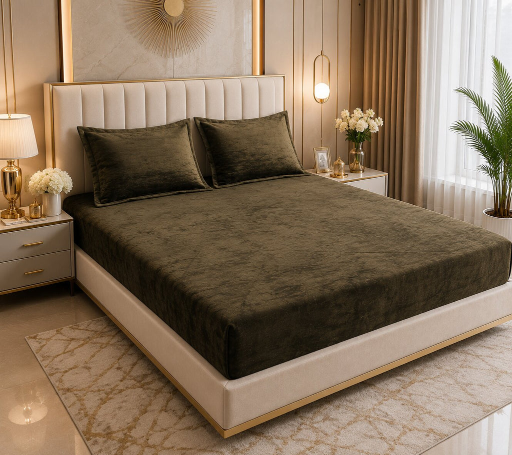 MVB Deep Olive Green Super Soft Velvet Double Bedsheet (100x100 Inch) | 150 GSM | With 2 Pillow Covers