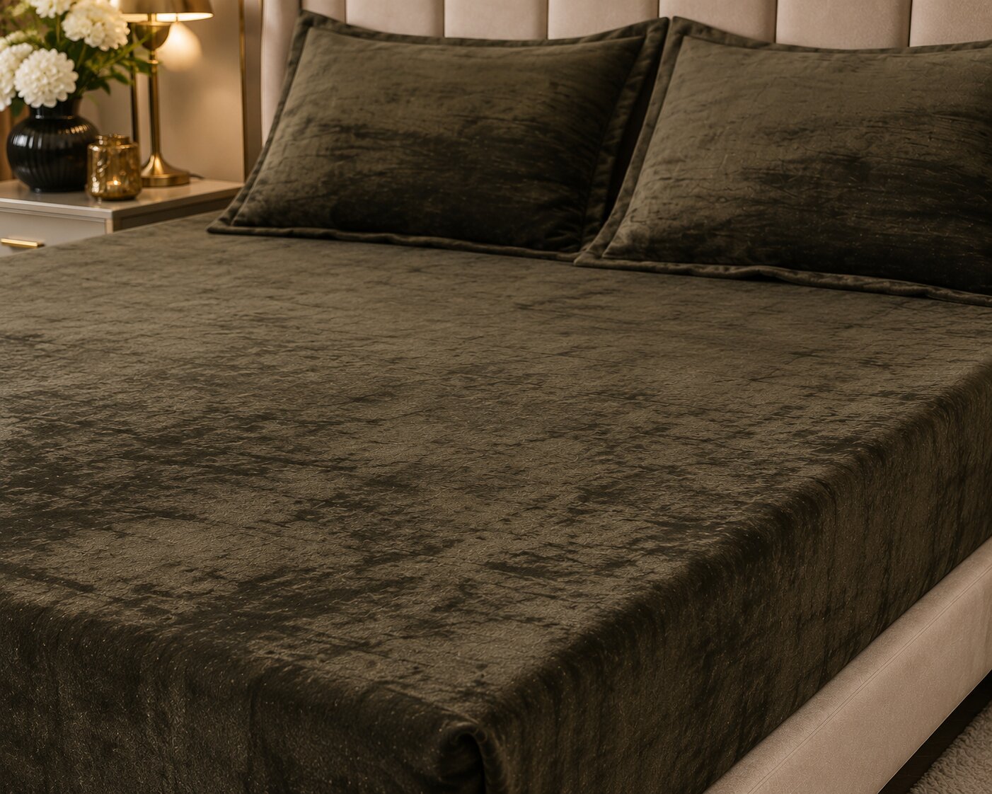 MVB Deep Olive Green Super Soft Velvet Double Bedsheet (100x100 Inch) | 150 GSM | With 2 Pillow Covers