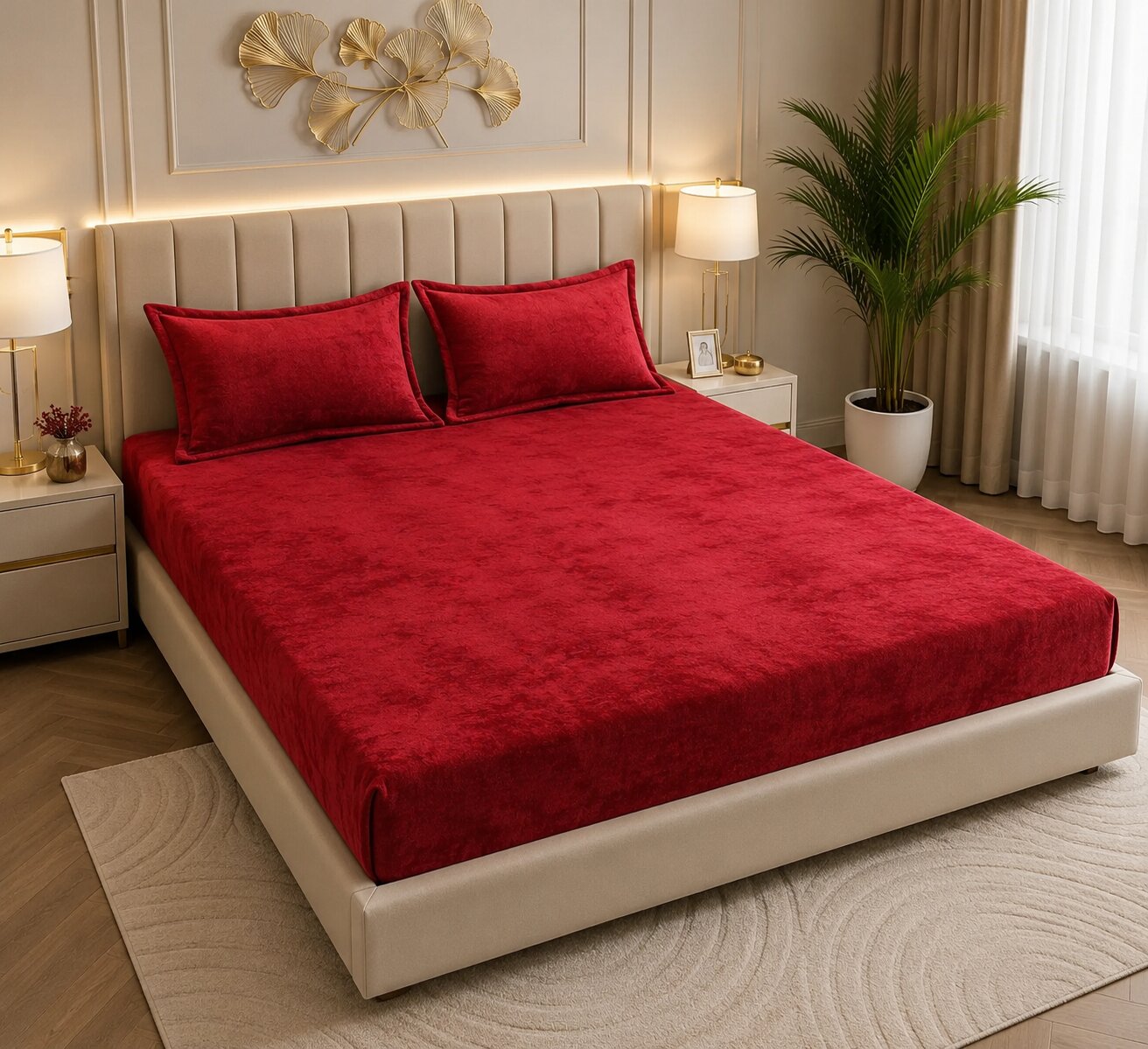 MVB Wine Red Velvet Double Bedsheet - Luxury Bedroom View 1
