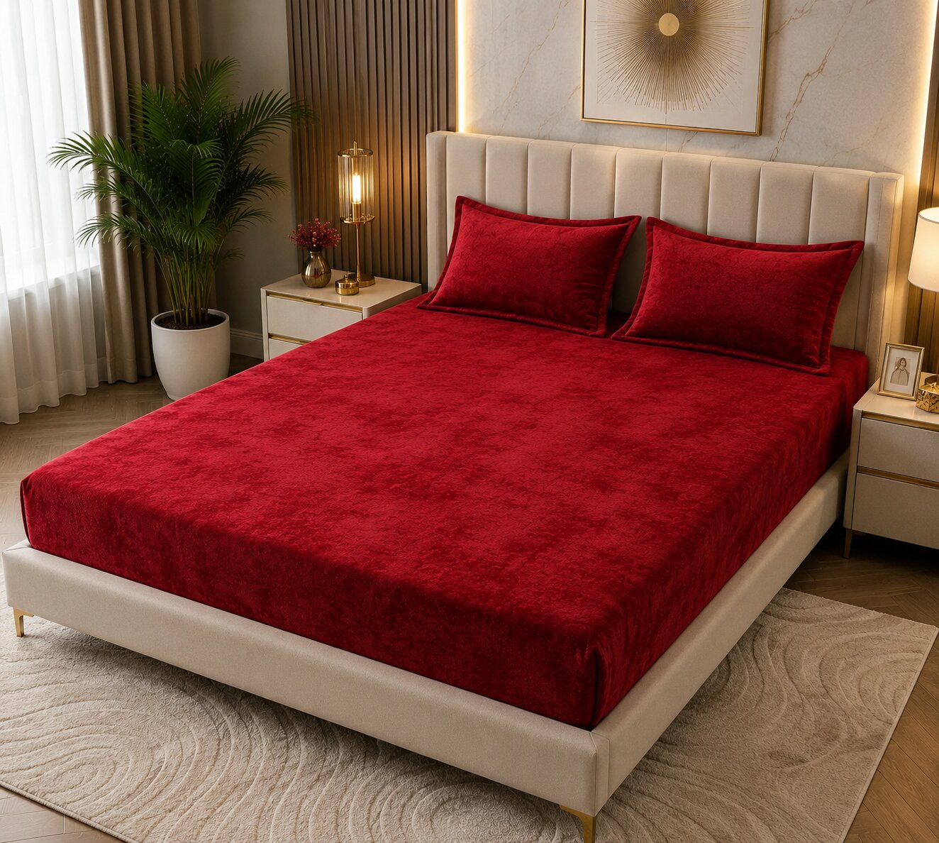 MVB Wine Red Velvet Double Bedsheet - Luxury Bedroom View 2
