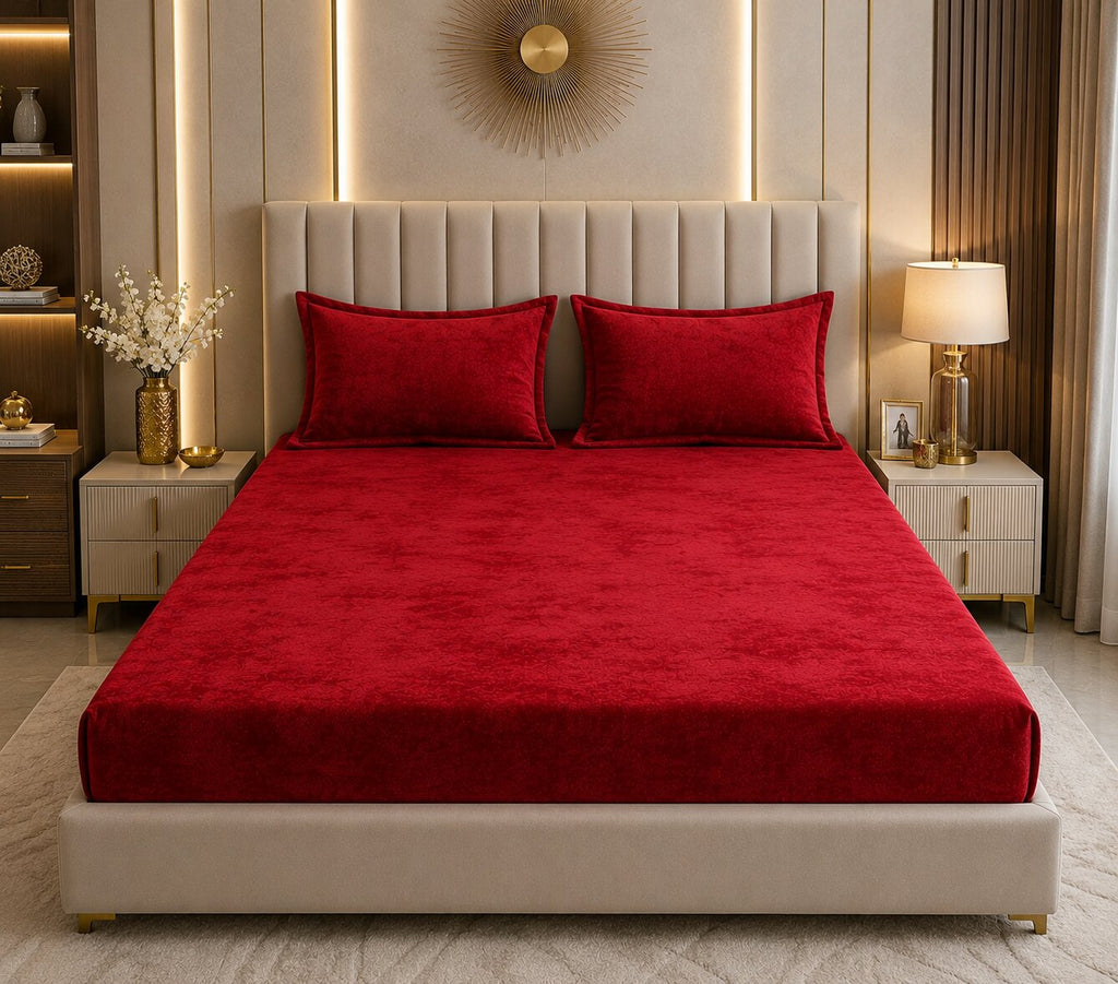 MVB Wine Red Velvet Double Bedsheet - Luxury Bedroom View 3