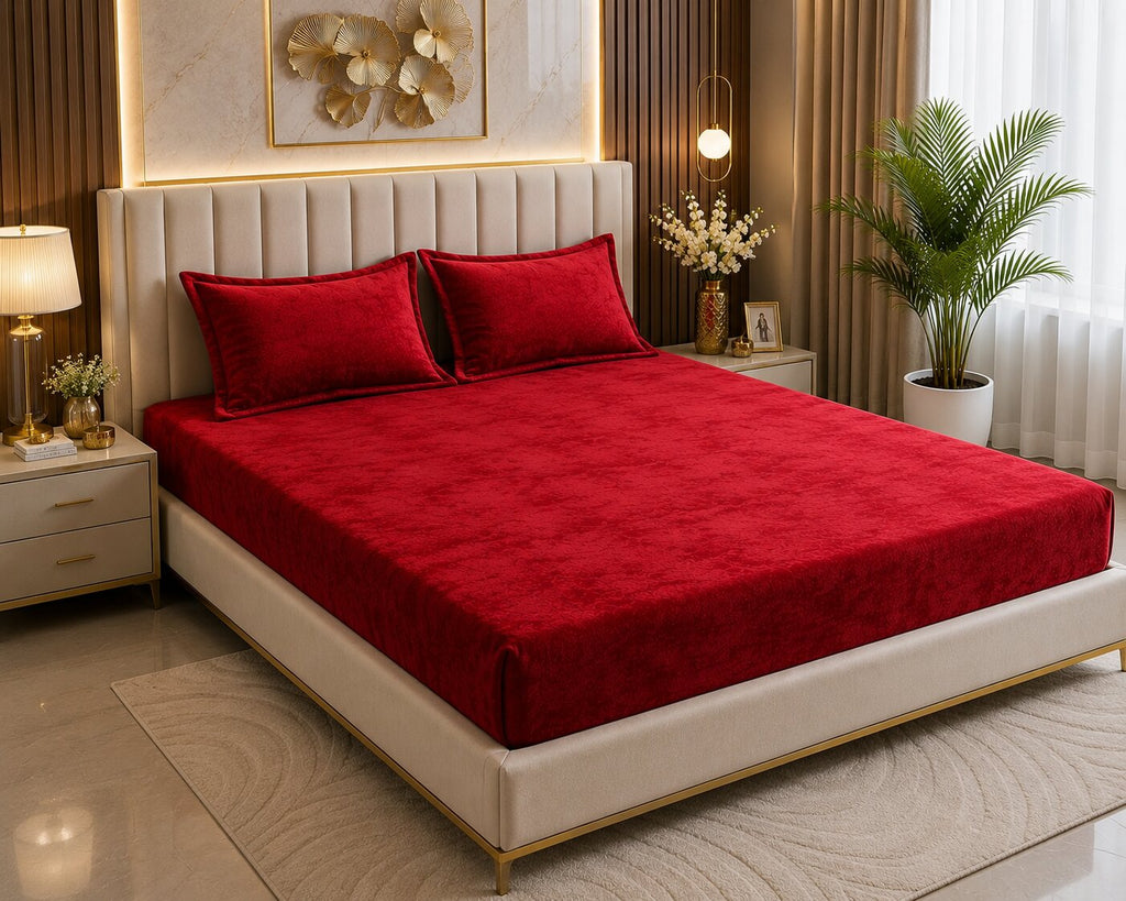 MVB Wine Red Velvet Double Bedsheet - Luxury Bedroom View 4