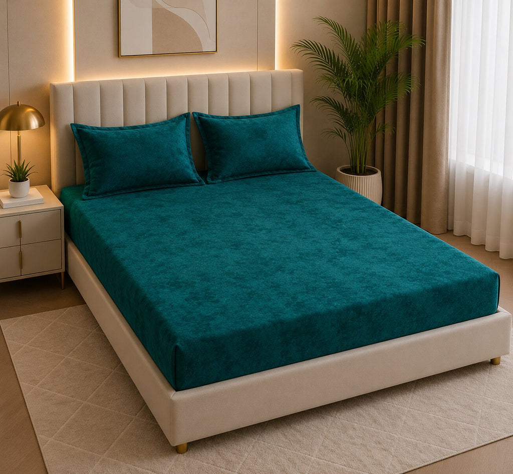 MVB Elegant Teal Super Soft Velvet Double Bedsheet with Matching Pillow Covers | MVBBSW009