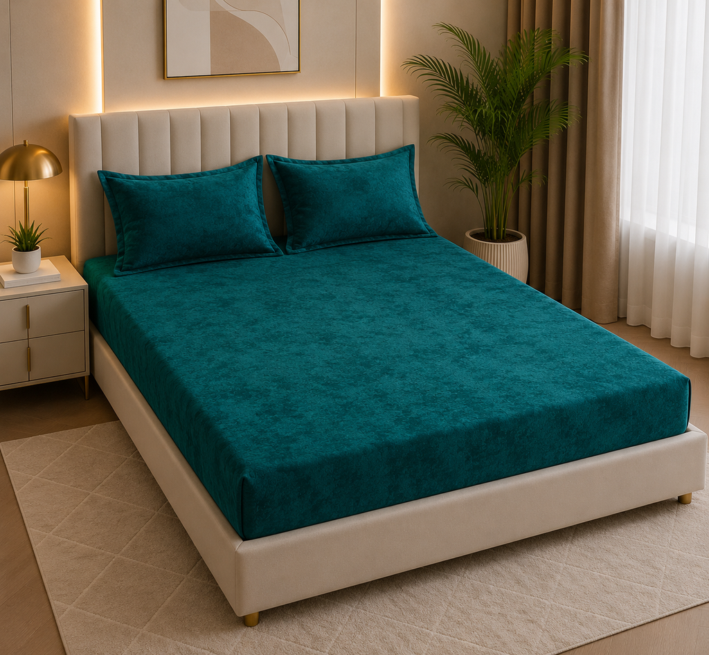 MVB Elegant Teal Velvet Double Bedsheet - Luxury Bedroom Lifestyle View