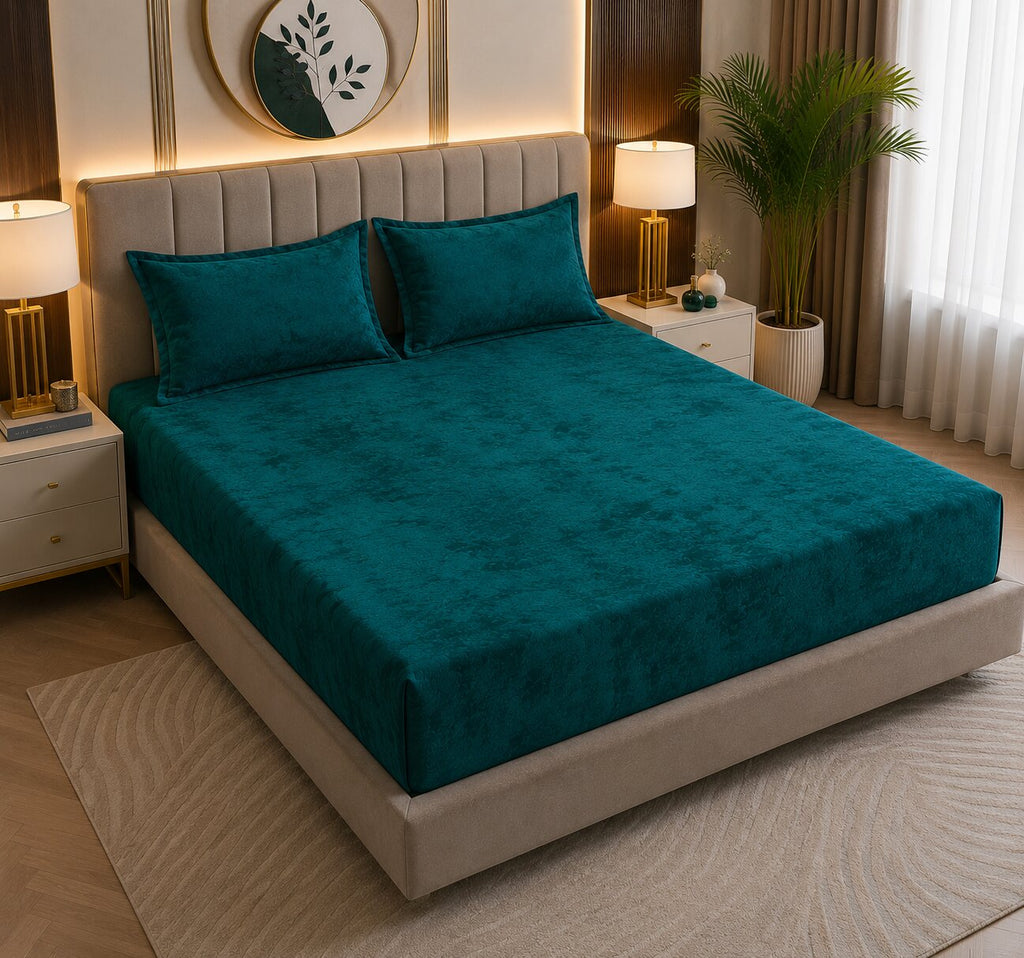 MVB Elegant Teal Super Soft Velvet Double Bedsheet with Matching Pillow Covers | MVBBSW009