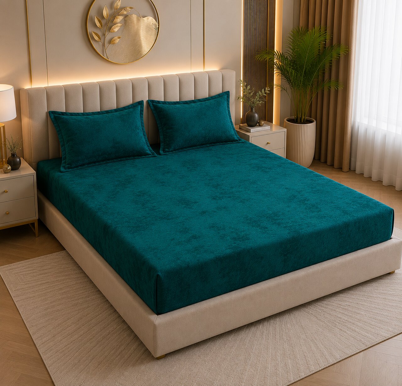 MVB Elegant Teal Super Soft Velvet Double Bedsheet with Matching Pillow Covers | MVBBSW009