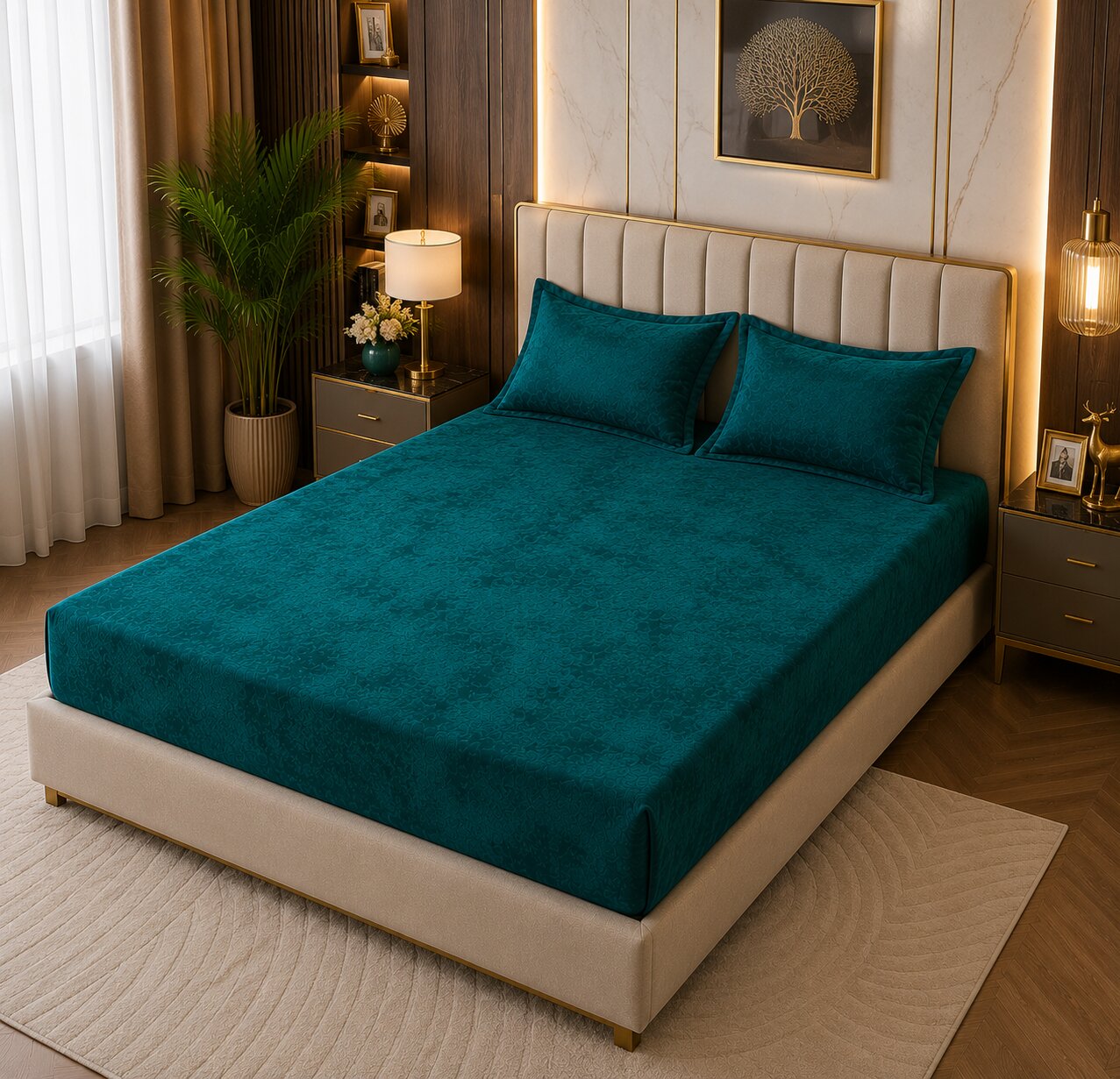 MVB Elegant Teal Super Soft Velvet Double Bedsheet with Matching Pillow Covers | MVBBSW009