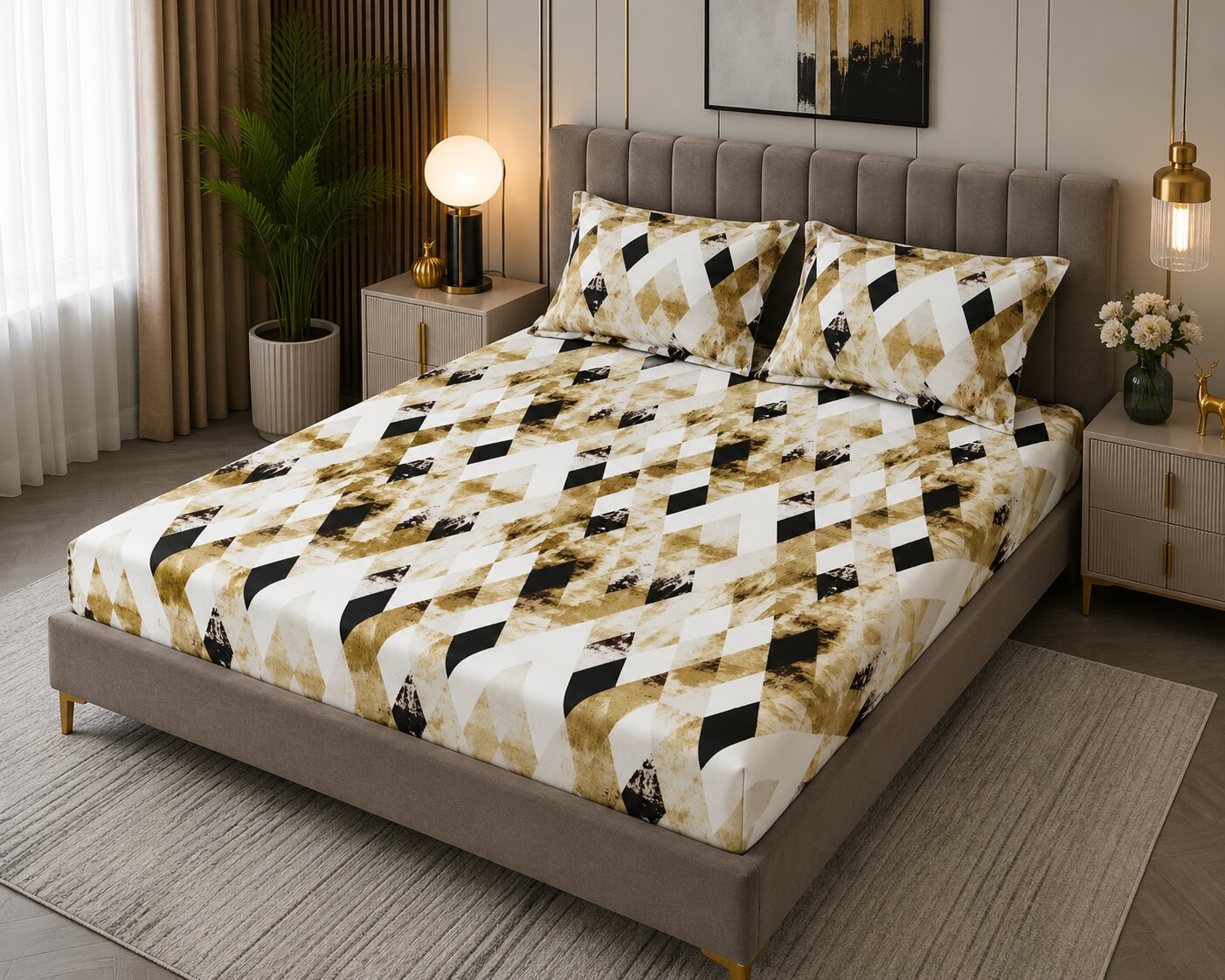 MVB Golden Diamond Luxe Cozy Super Soft Velvet Double Bedsheet with Matching Pillow Covers