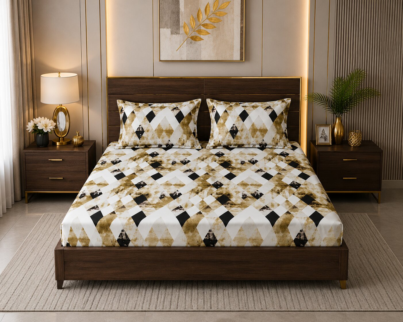 MVB Golden Diamond Luxe Cozy Super Soft Velvet Double Bedsheet with Matching Pillow Covers