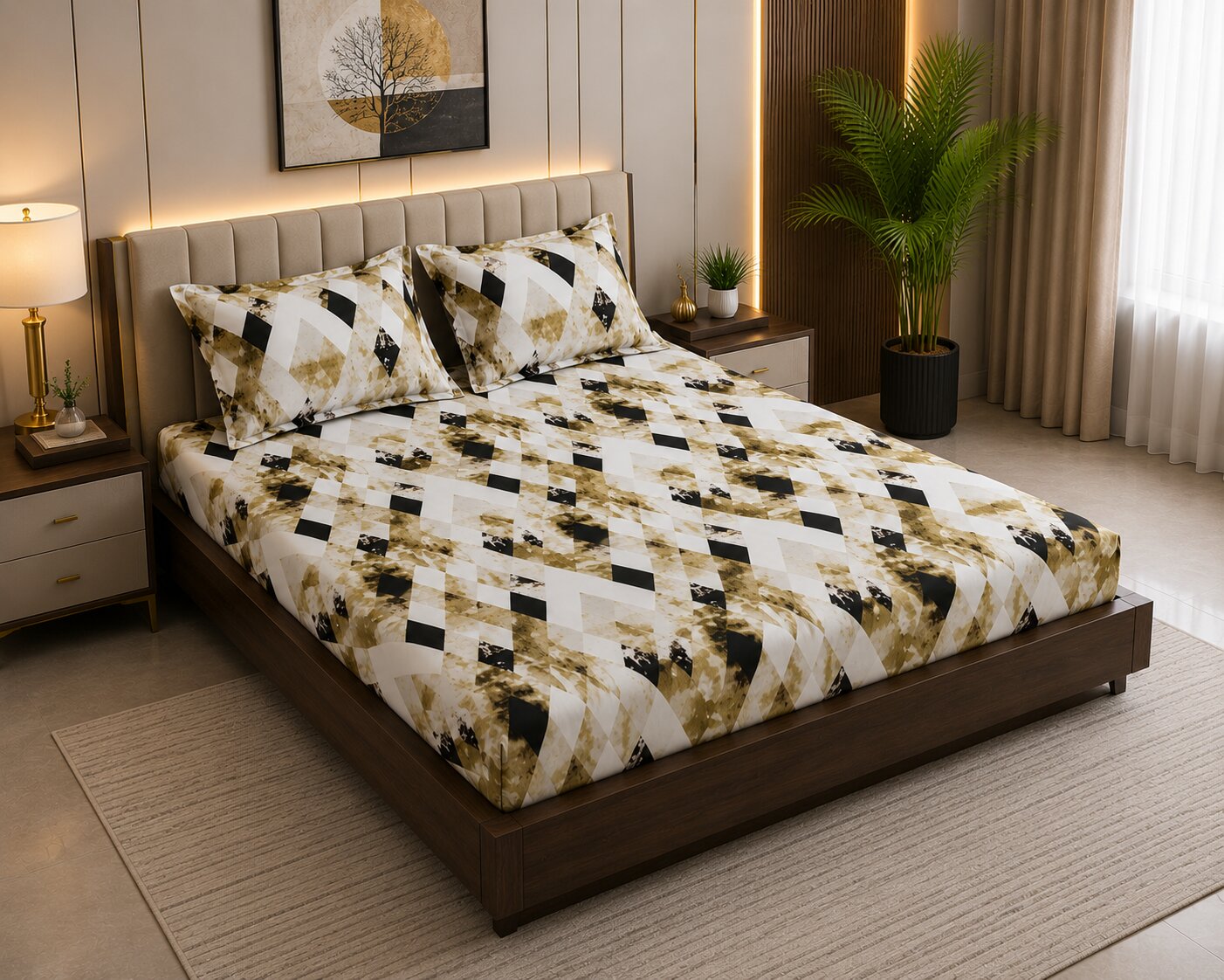 MVB Golden Diamond Luxe Cozy Super Soft Velvet Double Bedsheet with Matching Pillow Covers