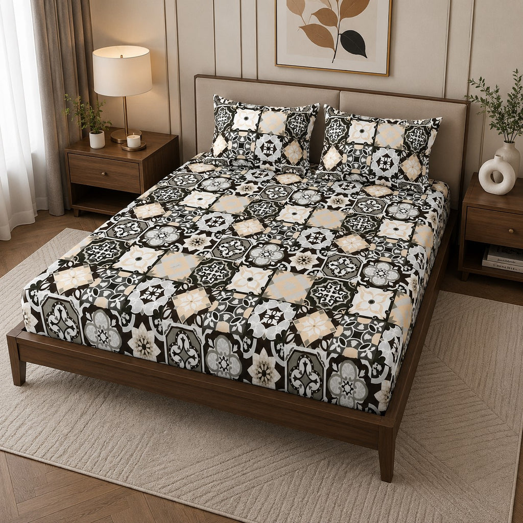 MVB Classic Tile Symphony Super Soft Velvet Double Bedsheet with Matching Pillow Covers