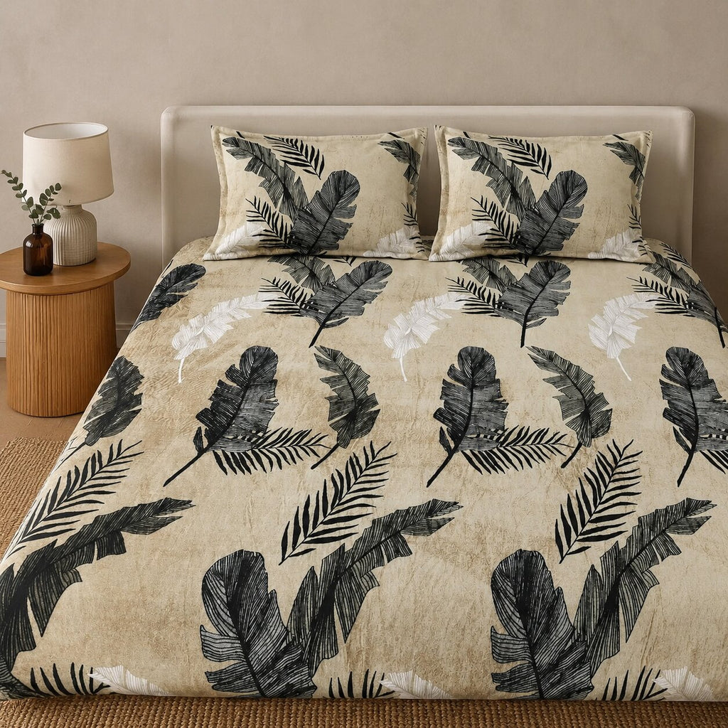MVB Wild Feather Leaf Print Velvet Double Bedsheet - Boho Bedroom Lifestyle