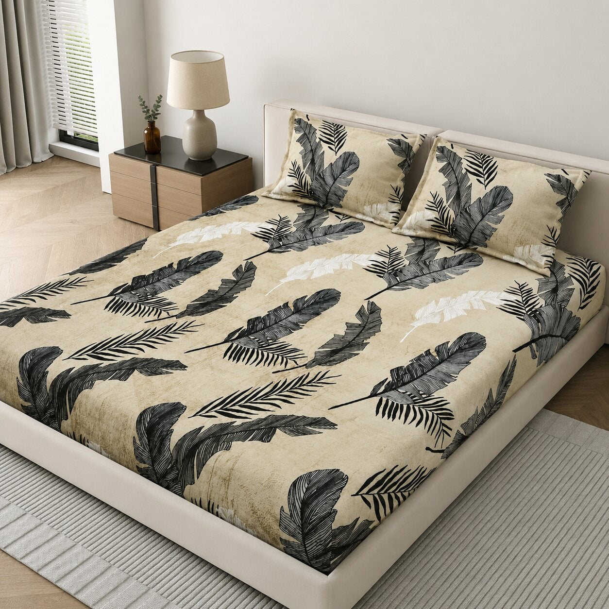 MVB Wild Feather Leaf Print Velvet Double Bedsheet - Modern White Bed Side Angle