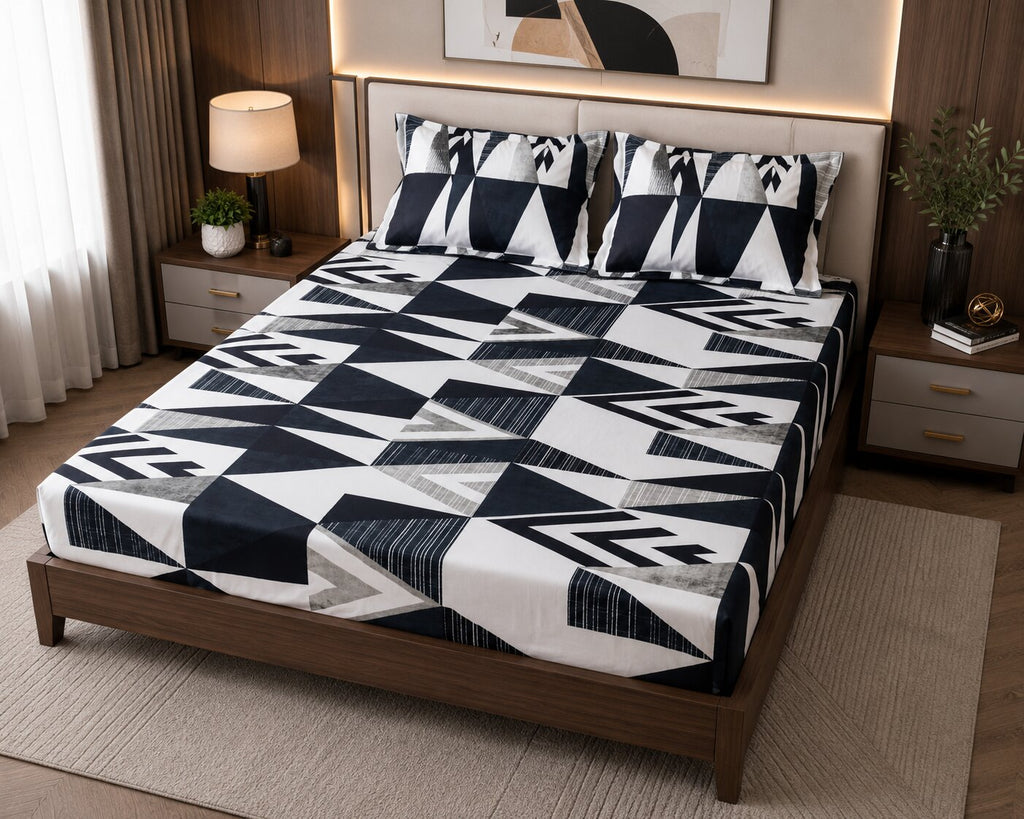 MVB Geometric Black & White Super Soft Velvet Double Bedsheet with 2 Pillow Covers