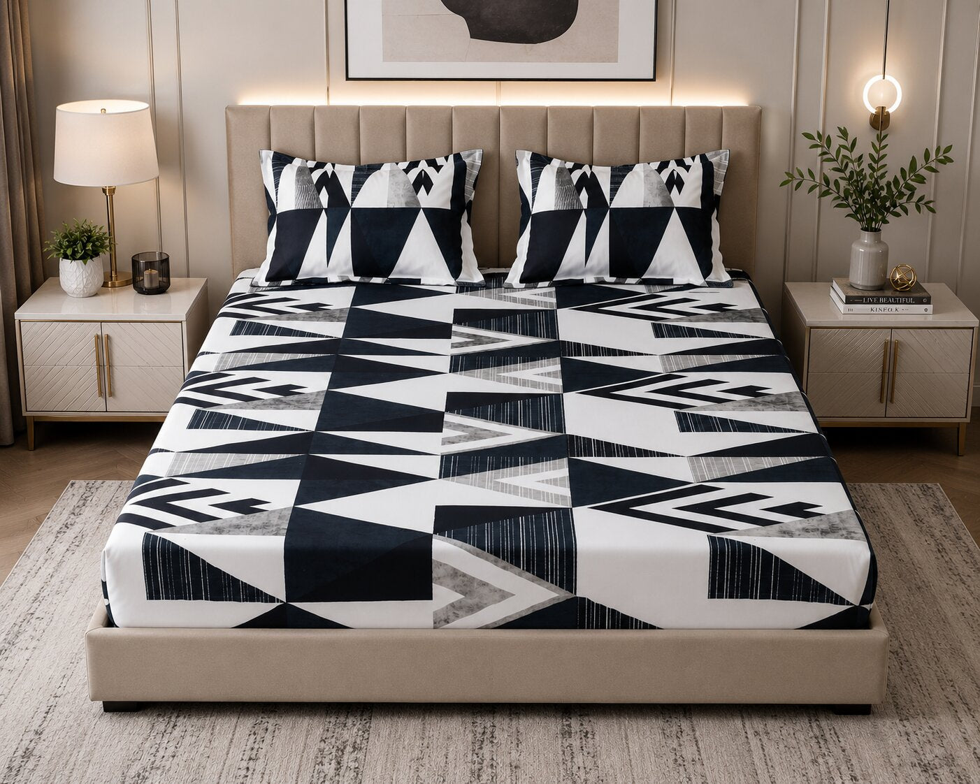 MVB Geometric Black & White Super Soft Velvet Double Bedsheet with 2 Pillow Covers