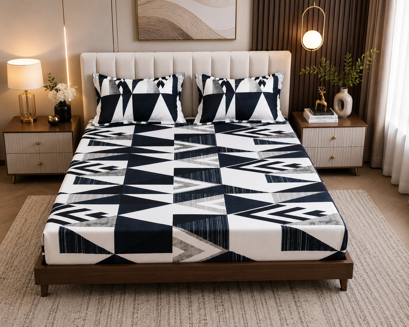 MVB Geometric Black & White Super Soft Velvet Double Bedsheet with 2 Pillow Covers