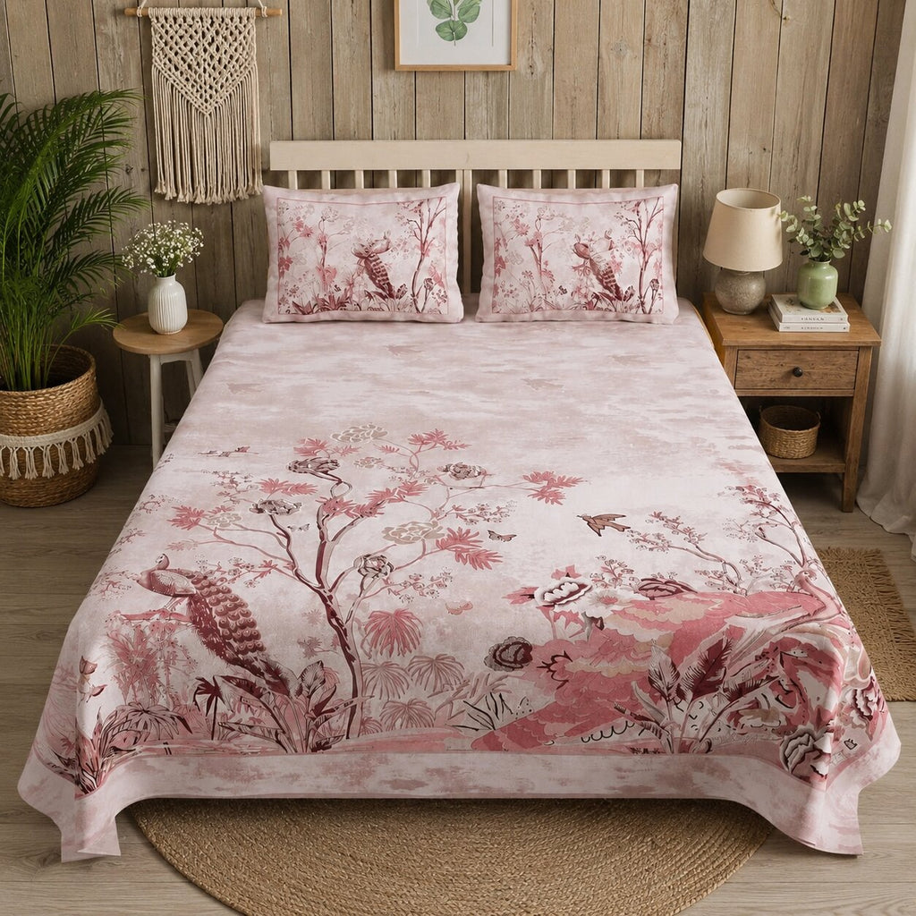 Mayur Mahal Peacock Print Double Bedsheet Set – Gulabi Rose | 100% Cotton | 180 TC | With 2 Pillow Covers