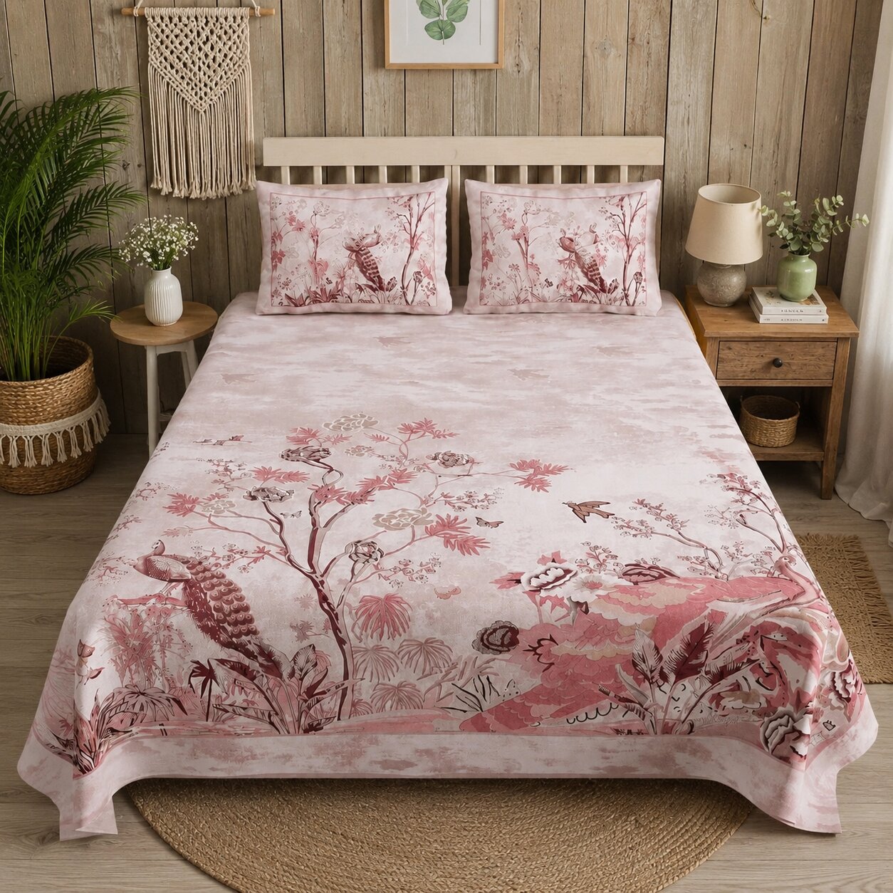 Mayur Mahal Peacock Print Double Bedsheet Set – Gulabi Rose | 100% Cotton | 180 TC | With 2 Pillow Covers