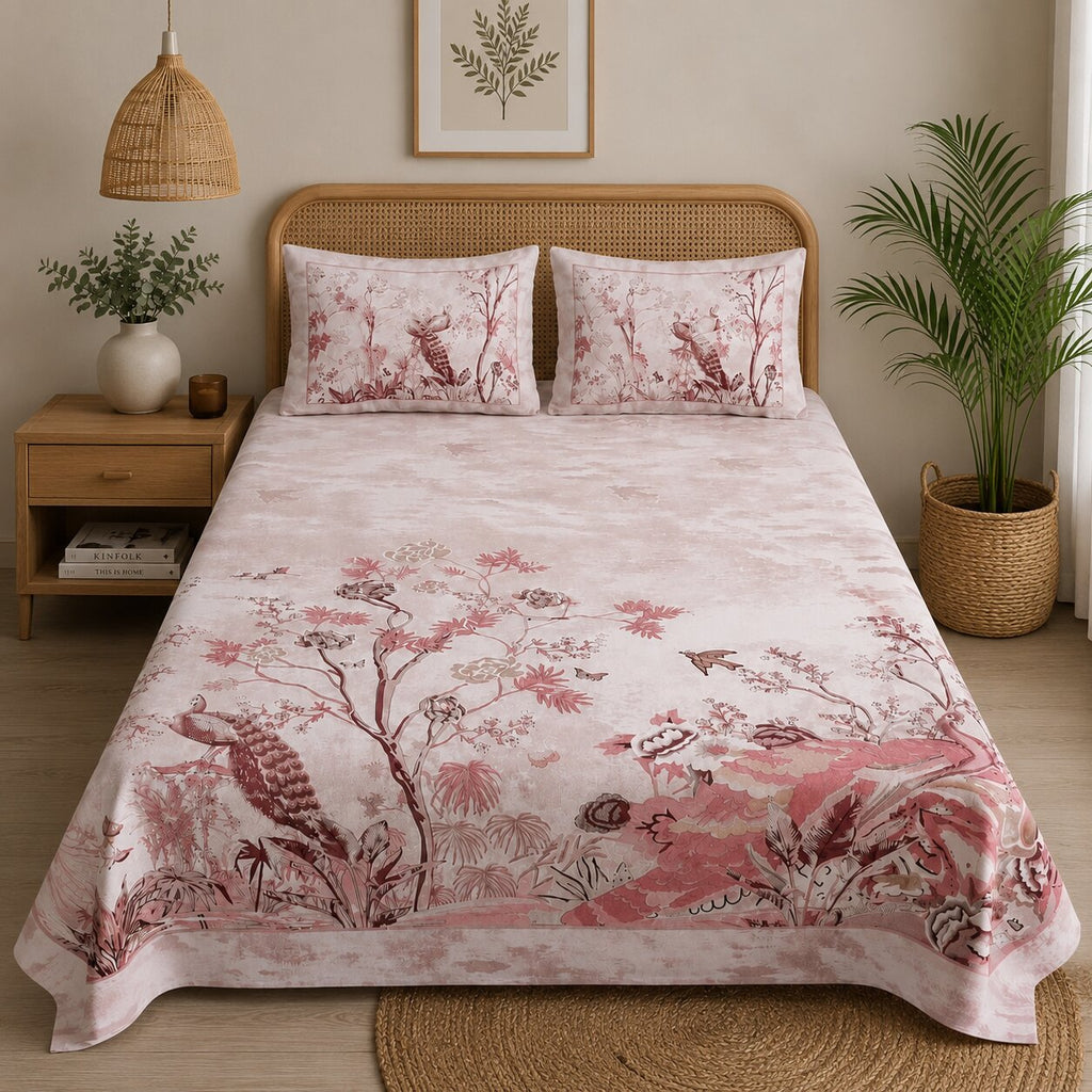 Mayur Mahal Peacock Print Double Bedsheet Set – Gulabi Rose | 100% Cotton | 180 TC | With 2 Pillow Covers