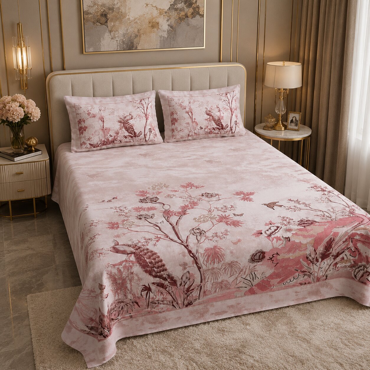 Mayur Mahal Peacock Print Double Bedsheet Set – Gulabi Rose | 100% Cotton | 180 TC | With 2 Pillow Covers