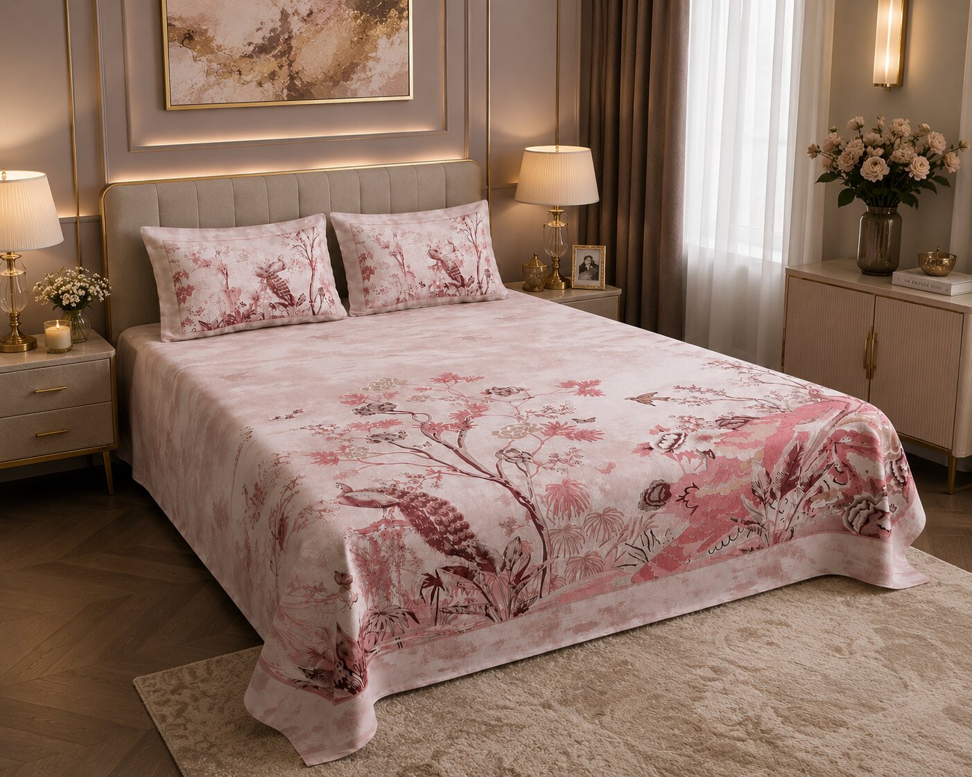 Mayur Mahal Peacock Print Double Bedsheet Set – Gulabi Rose | 100% Cotton | 180 TC | With 2 Pillow Covers